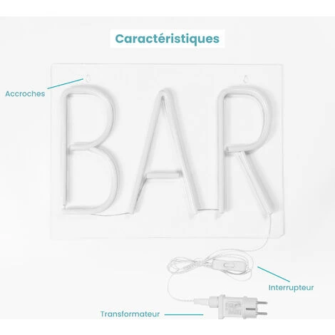 Néon BAR Blanc 40cm - Enseigne Lumineuse Mural Avec Interrupteur On/Off - Led Light Vintage Avec Prise Murale – Image 4