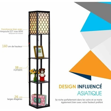 COSTWAY Lampadaire Avec 3 Niveaux Etagère 220-240V,60W Design Scandinave Lampe Sur Pied (Ampoule Non Inclus) – Image 2