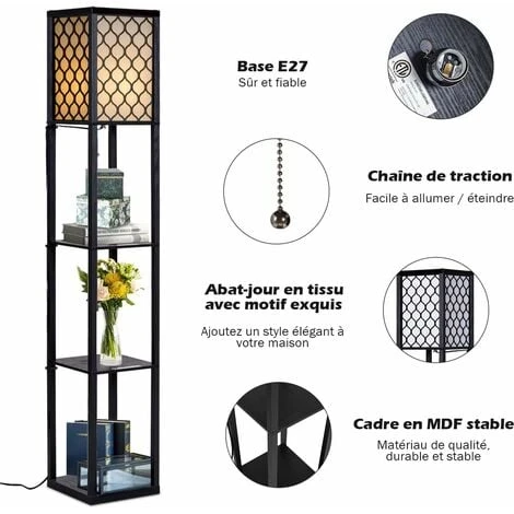 COSTWAY Lampadaire Avec 3 Niveaux Etagère 220-240V,60W Design Scandinave Lampe Sur Pied (Ampoule Non Inclus) – Image 3