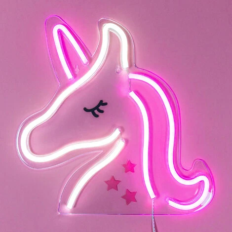Neon Licorne 32 Cm - Prise Et Interrupteur On/Off Inclus Neon LED Pour Decoration Chambre D'Enfant - Lampe Néon LED Licorne Sur Secteur Avec Interrupteur