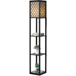 GOPLUS Lampadaire Interieur 1,6M Avec Tablettes De Rangement A 3 Niveaux, Lampe Sur Pied, Abat-jour En Tissu, Ampoule E27+60W(NON Inclue), Socle Ø26CM, Pour Salon/Bureau/Chambre (Noir Avec Grille)