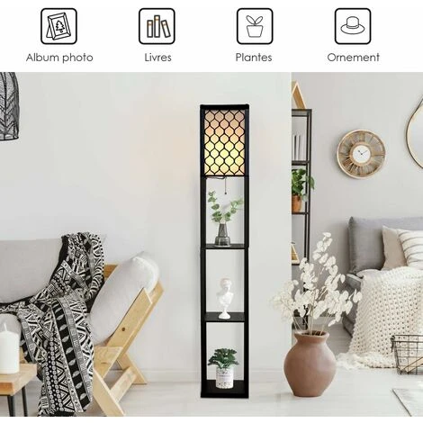 GOPLUS Lampadaire Interieur 1,6M Avec Tablettes De Rangement A 3 Niveaux, Lampe Sur Pied, Abat-jour En Tissu, Ampoule E27+60W(NON Inclue), Socle Ø26CM, Pour Salon/Bureau/Chambre (Noir Avec Grille) – Image 2