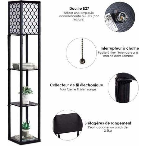 GOPLUS Lampadaire Interieur 1,6M Avec Tablettes De Rangement A 3 Niveaux, Lampe Sur Pied, Abat-jour En Tissu, Ampoule E27+60W(NON Inclue), Socle Ø26CM, Pour Salon/Bureau/Chambre (Noir Avec Grille) – Image 4