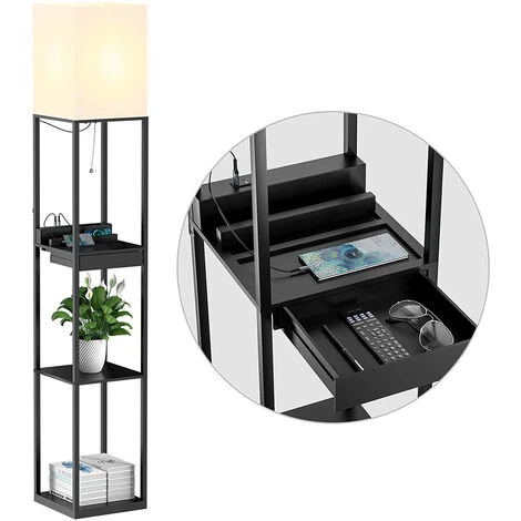 Lampadaire Salon En Bois Massif Avec 2 Ports De Charge USB Et 1 Tiroir, Lampe Sur Pied De Avec En Bois Etagères Pour Chambre Et Salo