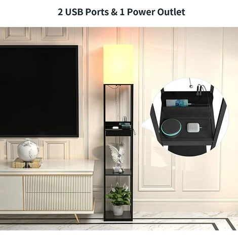 Lampadaire Salon En Bois Massif Avec 2 Ports De Charge USB Et 1 Tiroir, Lampe Sur Pied De Avec En Bois Etagères Pour Chambre Et Salo – Image 4