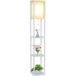 Lampadaire En Bois Design Lampe Sur Pied Avec 3 Niveaux Etagères Und E27 Base 1.6M Lampadaire étagère Blanc
