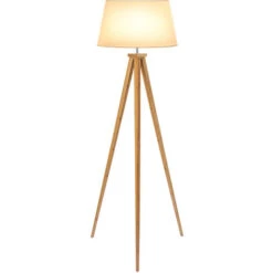 HOMCOM Lampadaire Trépied Design Scandinave Dim. 59L X 59l X 152H Cm 40 W Max. Piètement Bambou Effilé Abat-jour Toile Aspect Lin Beige