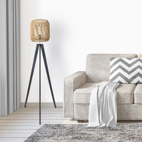 Paco Home Lampadaire Moderne Salon Chambre Aspect Rotin Boho Corbeille E27 Beige (Ø28 Cm), Lampadaire Noir – Image 2