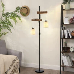 Lampadaire Sur Pied En Bois,corde Et Métal Noir, Osasy Luminaire Moderne Lampe De 169 Cm De Haut Dans Un Chambre Vintage,Lampe De Salon Avec Interrupteur, 2* E27 Douille(max. 60 Watt)