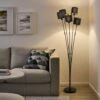 Lampadaire 5 Lumières Pour Salon ,Chic Lampadaires En Métal Et Textile Noir & Or Abat-jour ,moderne Lampe à Pied Design Rétro, Éclairage Intérieur