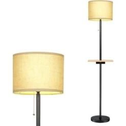 RELAX4LIFE Lampadaire Sur Pied Avec Abat-Jour En Lin, Lampe à Poser Avec Planche De Rangement Et Interface USB, Lampadaire Avec Douille E27 Et Interrupteur à Tirette, Convient Pour Salon, Chambre