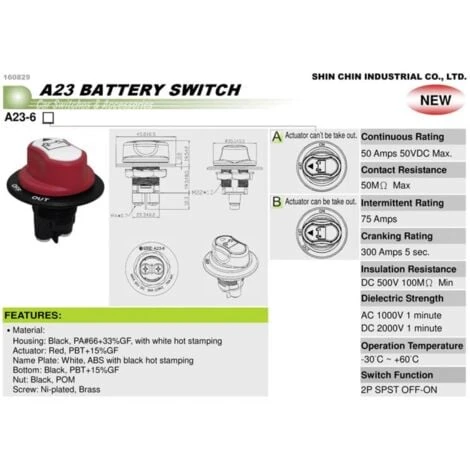 SCI A23-6B Coupe Batterie Pour Lautomobile A23-6B 50 V/DC 50 A 1 X Off/On à Accrochage 1 Pc(s) – Image 2