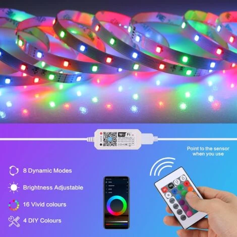 Ruban LED, 10M WIFI Bluetooth Bande LED RGB 12V, Led Ruban Lumineuse Flexible Multicolore Auto-adhésif Avec Télécommande 24 Touches, Pour Maison, Cuisine, Noël, TV, Chambre Décoration – Image 3
