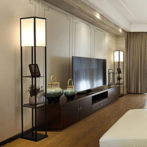 Hofuton Lampadaire Sur Pied 159 Cm En Bois Avec 3 Etagères Et Abat-jour En Tissu, Idéal Pour Salon Et Chambre