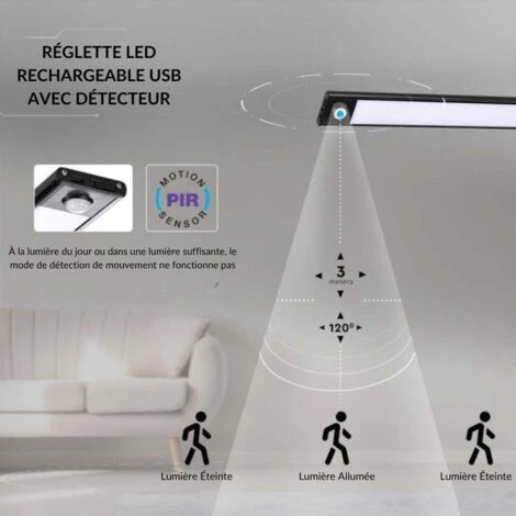 Réglette Lumineuse Rechargeable USB 60cm 2,5W Noire Avec Détecteur De Mouvement - Blanc Neutre 4000K - 5500K - SILAMP – Image 5