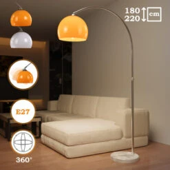 Jago® Lampadaire à Arc - Rétro, Vintage, Abat-Jour Rotatif, Réglable En Hauteur (130-180 Cm), Orange, E27, 60 W, LED, Base En Marbre - Lampe Courbée, Arceau, Sur Pied, Salon, Chambre