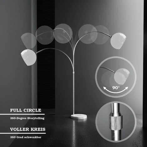 Jago® Lampadaire à Arc - Rétro, Vintage, Abat-Jour Rotatif, Réglable En Hauteur (145-220 Cm), Blanc, E27, 60 W, LED, Base En Marbre - Lampe Courbée, Arceau, Sur Pied, Salon, Chambre – Image 5