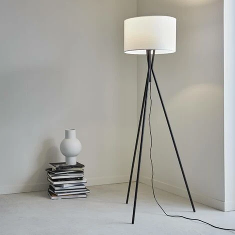 Lampadaire Filaire Trépied En Tissu Blanc Et Pieds Noirs H 152cm Pour Intérieur – Image 2