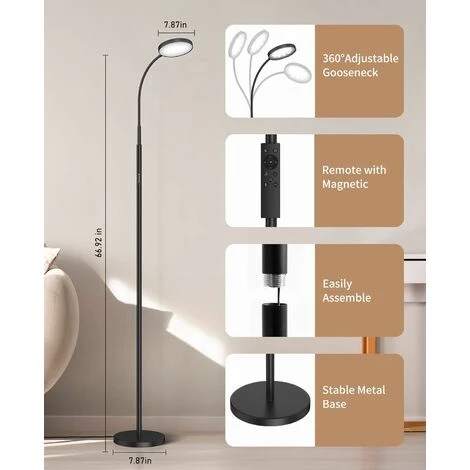 Lampadaire Sur Pied Salon, Lampadaire LED 12W, 4 Températures De Couleur, Gradation En Continu, Télécommande Et Commande Tactile,col Flexible,Minuterie 1H,Lampe Sur Pied Pour Salon,Chambre,Noi – Image 4