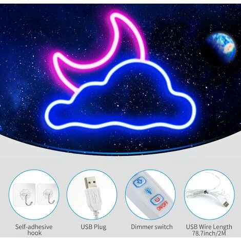 Panneau Néon, Nuage Et Lune LED Néon, Panneau Néon Pour La Décoration Murale, Alimentation USB LED Néon Logo Pour La Décoration De Fête De Mariage Dans La Chambre Des Enfants – Image 2