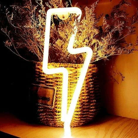 Eclair Neon,LED Forme De Foudre Enseigne Au Néon,Néon Batterie/USB Lumière De Nuit ,LED Lightning Sign Decor Light, Art Décoratif Lumières Décor Pour Chambre De Fournitures De Fête (Blanc Chaud)