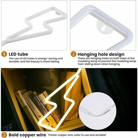 Eclair Neon,LED Forme De Foudre Enseigne Au Néon,Néon Batterie/USB Lumière De Nuit ,LED Lightning Sign Decor Light, Art Décoratif Lumières Décor Pour Chambre De Fournitures De Fête (Blanc Chaud) – Image 3