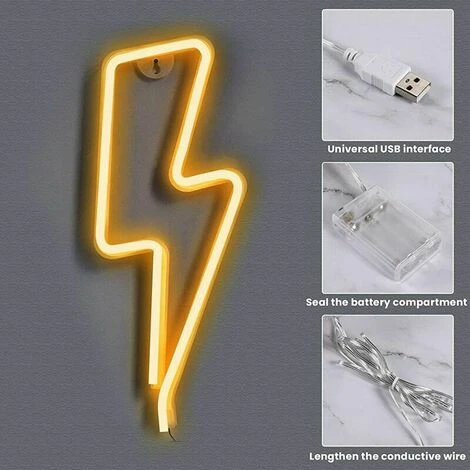 Eclair Neon,LED Forme De Foudre Enseigne Au Néon,Néon Batterie/USB Lumière De Nuit ,LED Lightning Sign Decor Light, Art Décoratif Lumières Décor Pour Chambre De Fournitures De Fête (Blanc Chaud) – Image 4