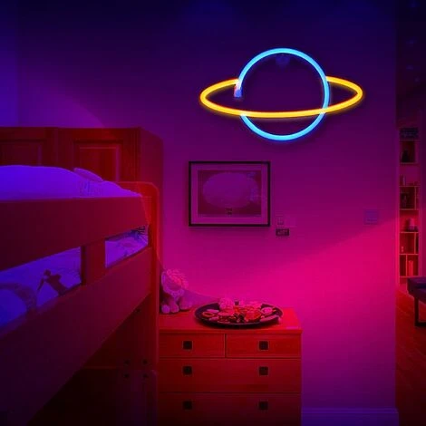 Enseigne Au N��on LED Planet Neon Light Cloud Lightning Applique Murale Led D��coration Murale Batterie/Aliment�� Par USB Pour La Maison Chambre D'enfants Bar Art Mural D��coration Plan��te Bicolore – Image 5