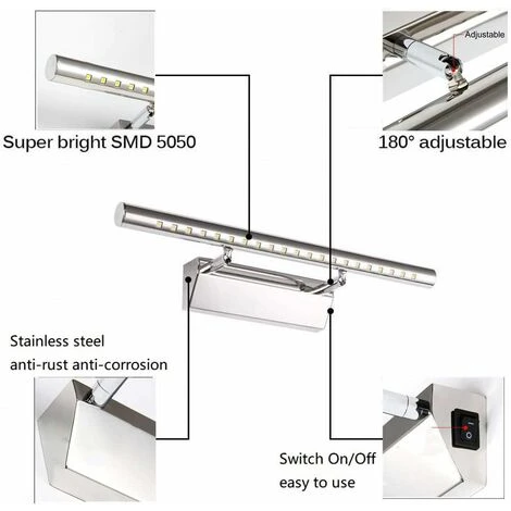 Lampe Salle De Bain Mirroir LED 5W Applique Murale Lumière Tableau Étanche IP44 Réglable 180°avec Interrupteur En Acier Inoxydable Éclairage Décoration Meuble WC Toilette Maquillage – Image 4